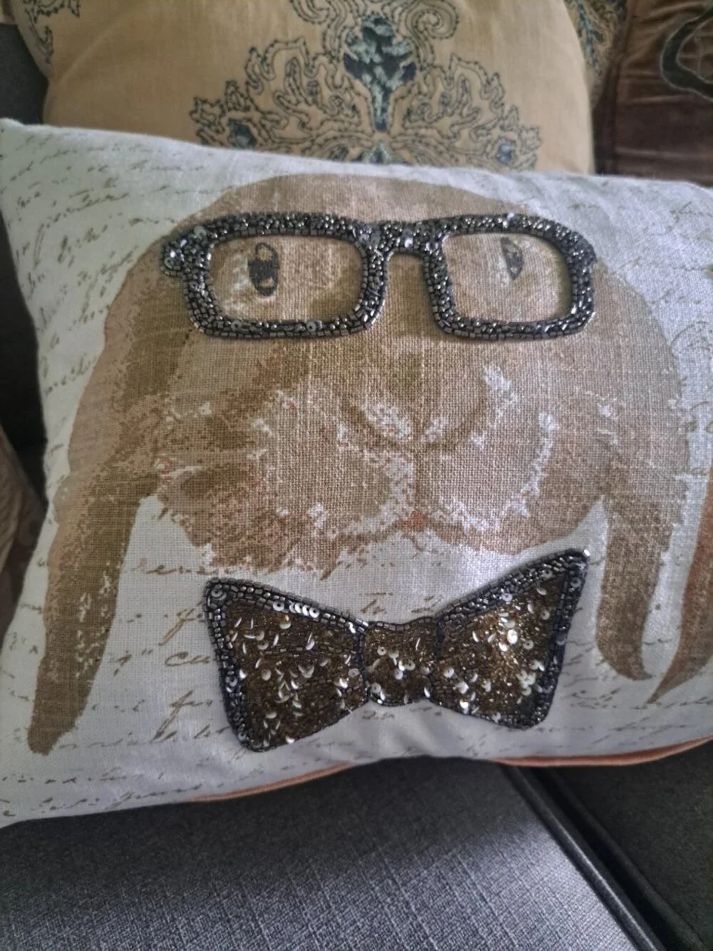 Whimsical rectangular throw pillow has a linen-like fabric base with a printed s